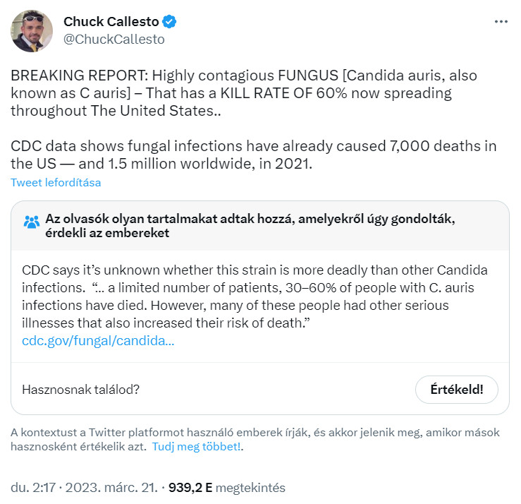 Candida auris halálozási arány 60%