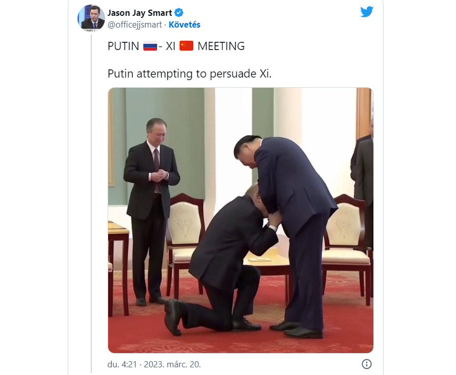Putyin letérdel Hszi előtt