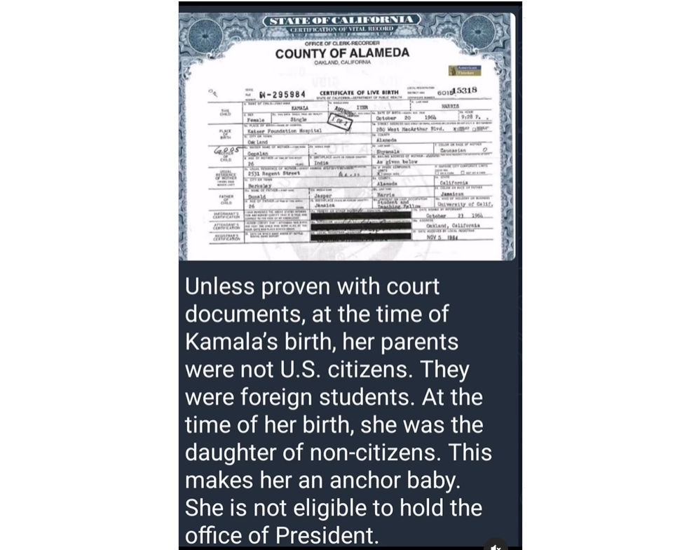 kamala harris születési anyakönyvi kivonat