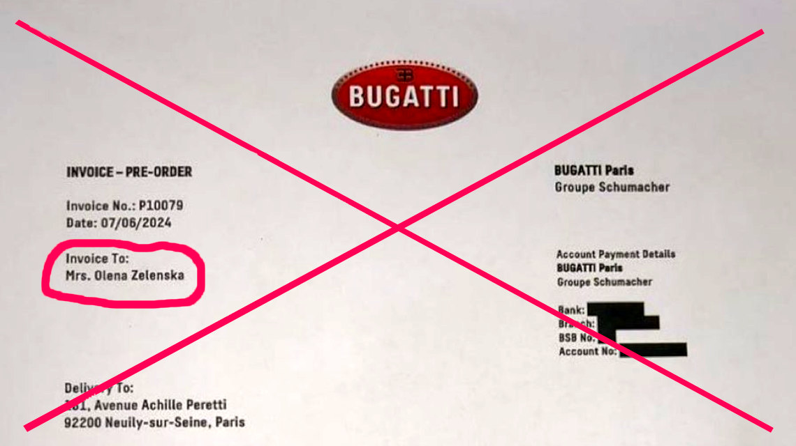 Olena Zelenszka hamis Bugatti számla